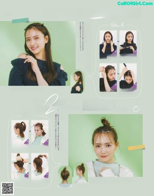 A magazine page with a picture of a woman with a ponytail.