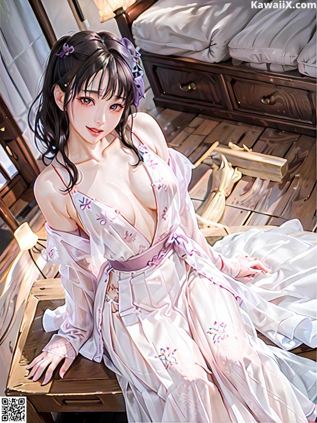 A woman in a white dress sitting on a bed.