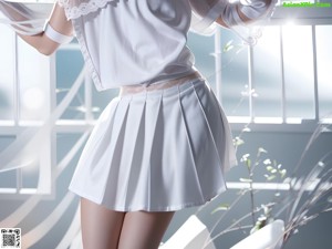 A woman in a white lingerie posing for the camera.