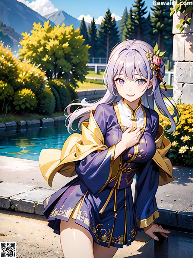 A woman in a blue dress standing next to a pool.