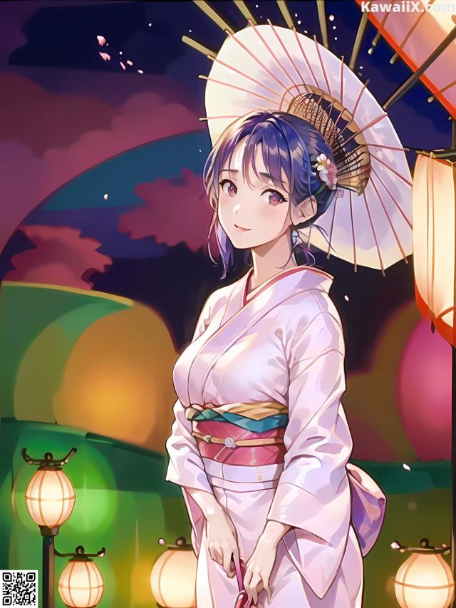 A woman in a kimono holding an umbrella in front of lanterns.