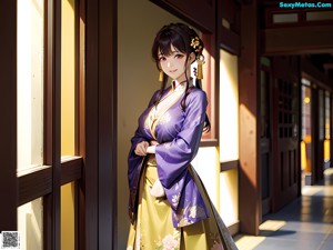 A woman in a kimono sitting on a window sill.