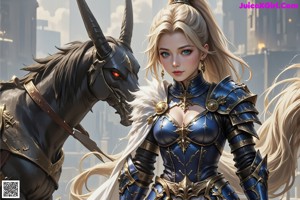 A woman in armor holding a sword in front of a building.