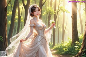 A woman in a wedding dress with a long veil.