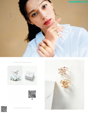 A woman wearing a necklace and earrings in a magazine.