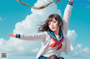 A woman in a school uniform is floating in the water.