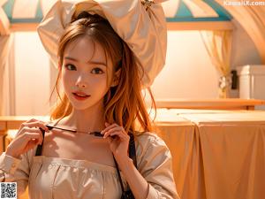 A woman in a yellow dress sitting on the floor.