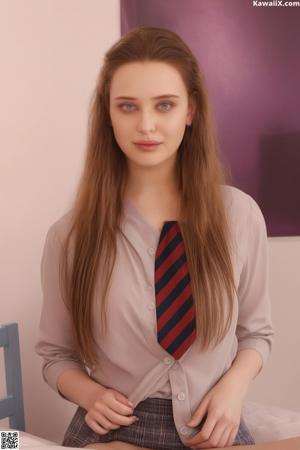 A beautiful young woman with big tits posing naked on a bed.