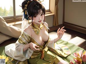 A woman in a kimono sitting on a bed.