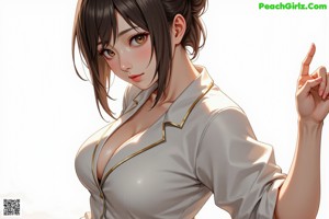 A woman in a white shirt and skirt posing on a bed.
