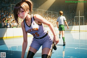 A girl in a blue and yellow uniform holding a basketball.