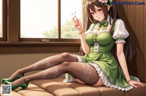 A woman in a green and white dress and stockings posing for a picture.