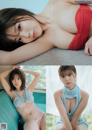 A naked asian woman sitting on top of a green couch.