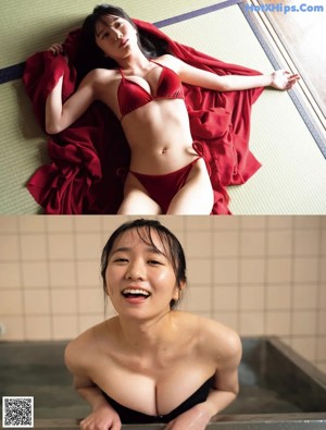 A woman in a black bikini standing in a bathroom.