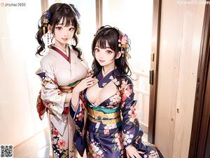 A woman in a kimono sitting on a wooden bench.