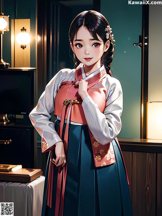 A woman in a hanbok standing in front of a television.