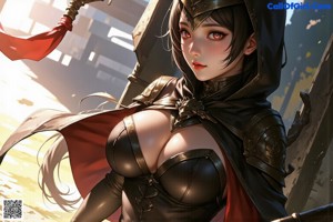a sexy anime girl with big tits posing on a bed