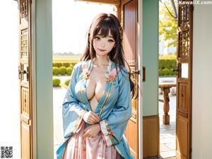 A woman in a blue kimono sitting on a bed.