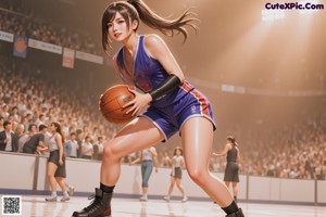 A woman in a red and black uniform playing basketball.