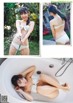A collage of photos of a young girl laying on a bed.
