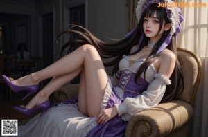 A woman in a purple dress standing by a window.