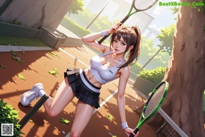 A woman holding a tennis racket on a tennis court.