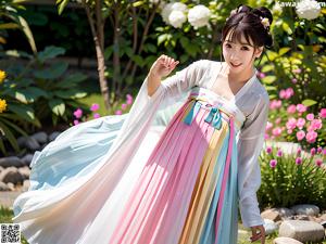 A woman in a white robe posing for a picture.