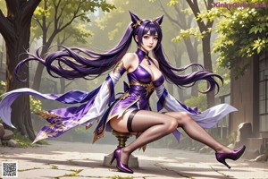 A woman in a purple dress and purple gloves is posing for a picture.