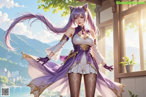 A woman with long purple hair sitting on a bench.