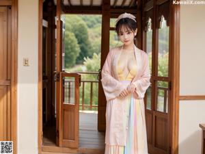 A woman in a pink robe standing in a room.