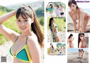 A woman in a bikini posing on the beach.