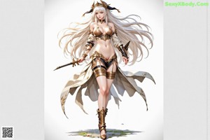 A woman in a revealing, metallic outfit stands in a snowy forest, holding a sword.