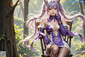 A woman in a purple outfit is standing in the woods.
