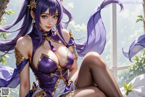 A woman in a purple dress sitting on a stool.