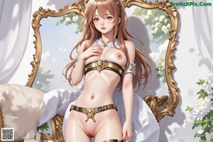 A woman in a bikini and stockings posing on a bed.