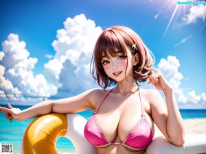 A woman in a white bikini sitting on a white couch.