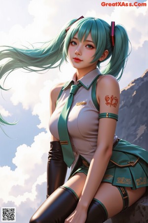 A woman with blue hair standing next to a tree.