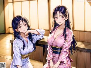A woman in a kimono standing in front of a mirror.