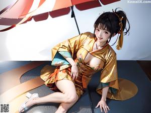 A woman in a yellow kimono sitting on a ledge.