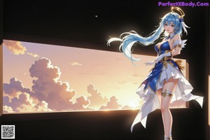 A woman with long blue hair standing in front of a door.