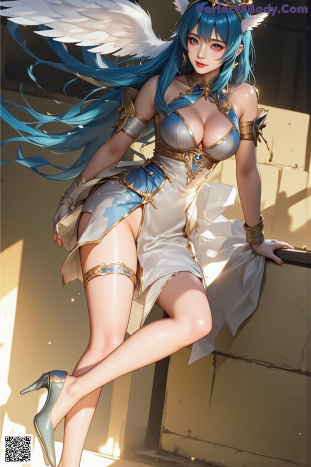 Hentai - Captivating Grace of the Cosmic Maiden Set.1 20250124 Part 8 No.ae2f26 A woman in a white dress with blue hair and angel wings.