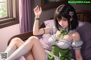 A girl in a green dress and white stockings posing for a picture.