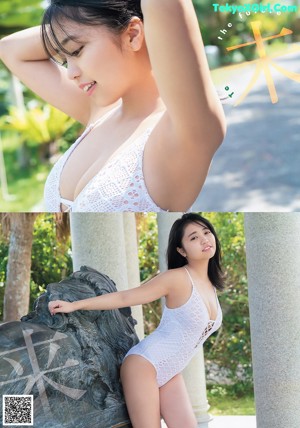 A woman in a white bra top leaning against a wall.