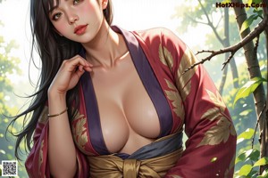 A woman in a yellow kimono is posing naked in the woods.