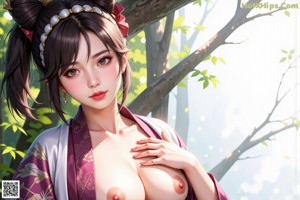 A woman in a yellow kimono is posing naked in the woods.