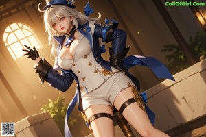 A woman with long white hair wearing a blue jacket and white shorts.