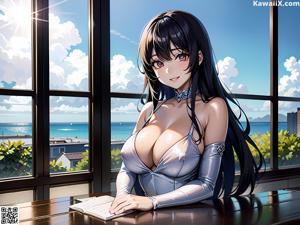 A woman in a black bathing suit sitting on a bed.